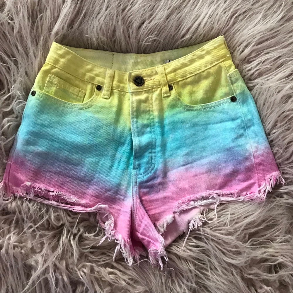 Unif Rainbow High Rise Denim Shorts
